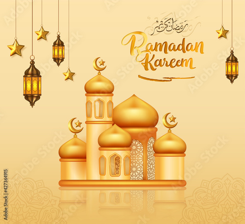 Ramadan kareem decorative design with 3d gold mosque