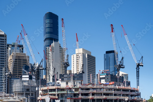 Cranes reach into the sky as construction under way in the heart of Brisbane. April 2021