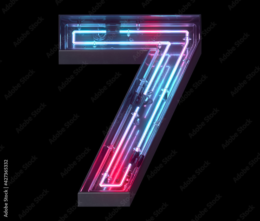 Metal neon mirror font. Ultraviolet light. Number 7. 
