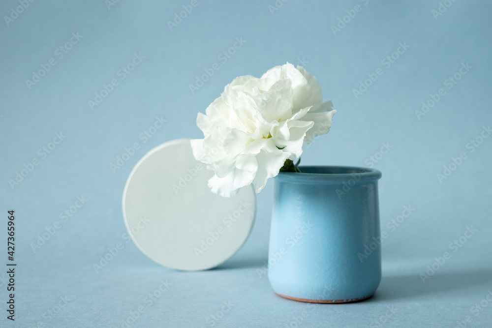 White cocncrete circle shaped pedestal and white flower in vase on blue pastel paper background. Stone platform. Abstract geometric pedestal.