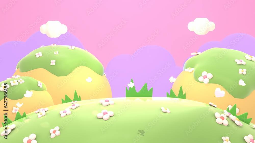 Obraz premium Cartoon spring flowers mountain landscape, white clouds, and pink purple sky. 3d rendering picture.