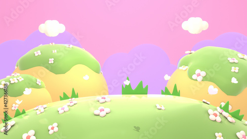 Cartoon spring flowers mountain landscape  white clouds  and pink purple sky. 3d rendering picture.