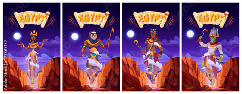 Cartoon posters with Egyptian gods Amun Ra, Horus, Pharaoh and queen Cleopatra. Ancient Egypt deities in royal clothes holding divine power staffs floating in air above rocks, vector illustration