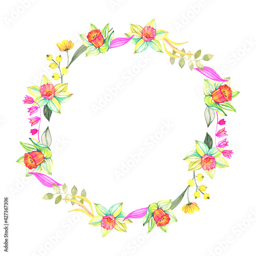 Watercolor floral wreath with leaves and branches. Hand drawn artistic frame isolated on white background. © Natali_Mias