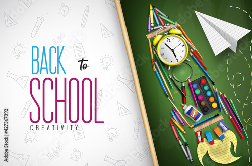 Back to school vector concept design. Back to school creativity text with education supplies in rocket decoration background for educational design. Vector illustration 