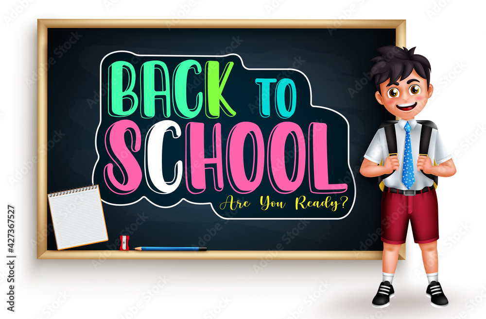 Back to school character vector design. Back to school text in chalkboard element background with student boy 3d character standing for preschool educational design. Vector illustration
Back to school character vector design. Back to school text in chalkboard element background with student boy 3d character standing for preschool educational design. Vector illustration