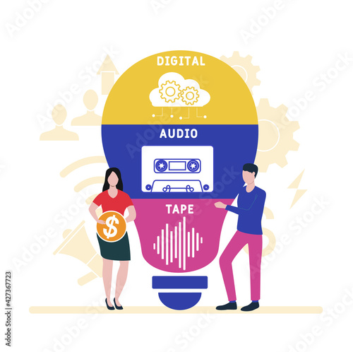 Flat design with people. DAT - Digital Audio Tape acronym, business concept background.   Vector illustration for website banner, marketing materials, business presentation, online advertising.
