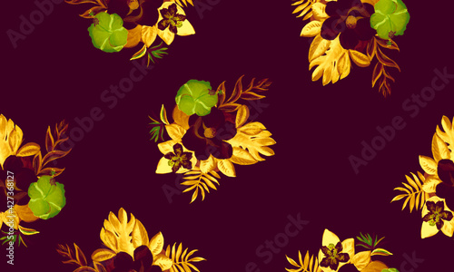 Golden Seamless Design. Beige Pattern Background. Violet Tropical Textile. Black Floral Botanical. Yellow Flora Textile. Vintage Spring Leaves. Watercolor Foliage.