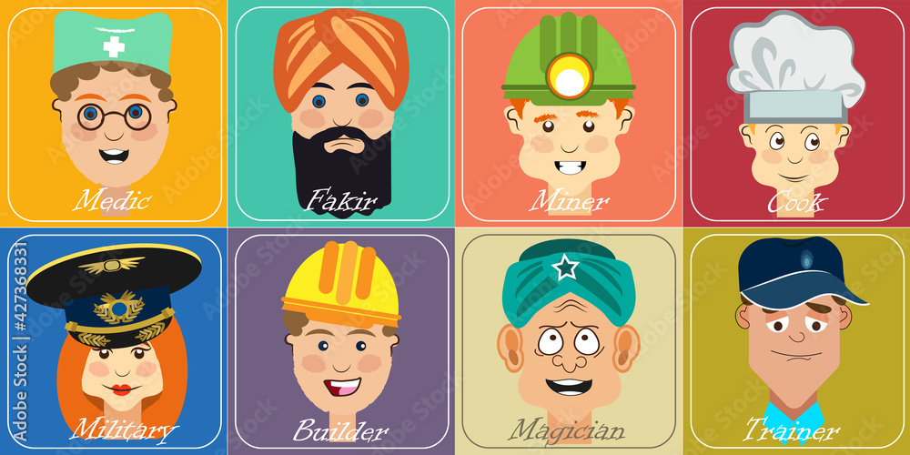 Eight images of people of different professions. Icon set. Collection of vector illustrations Eight images of people of different professions. Icon set. Collection of vector illustrations