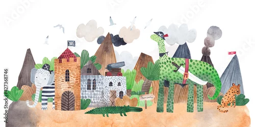 Obraz Wyspa piratów. Twierdza z uroczymi zwierzętami piratami.