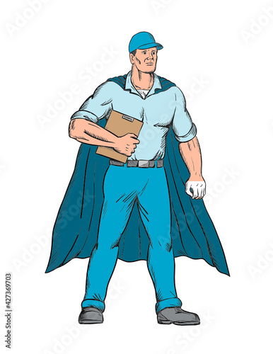 Cartoon style illustration of a worker as a superhero wearing a cape and holding a clipboard standing viewed from front on isolated background done in full color.