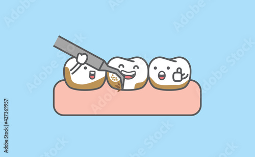 Dental cartoon of cleaning tooth by removing tartar from the teeth illustration cartoon character vector design on blue background. Dental care concept.