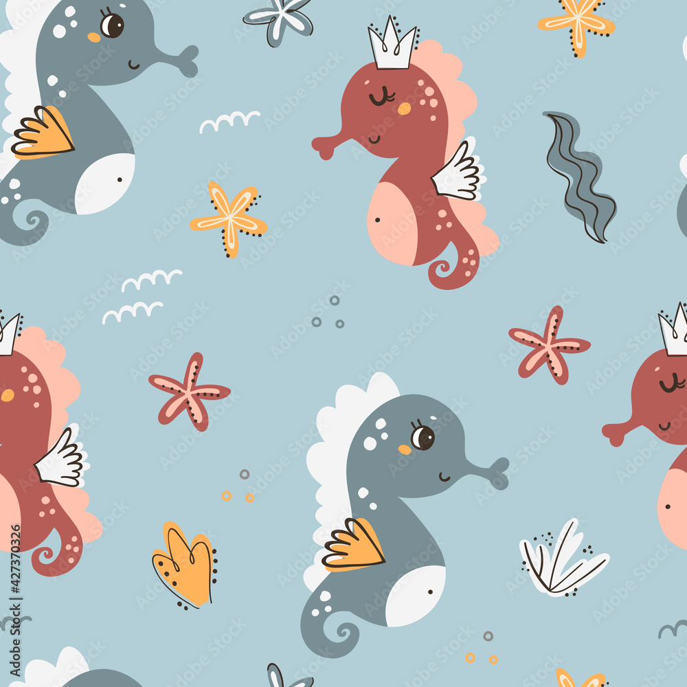 Naklejka premium Seamless pattern with seahorses.
