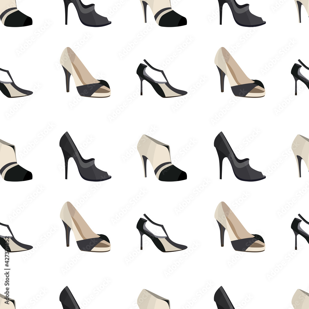 Seamless pattern with stylized woman white and black shoes. Pretty endless texture for your design. Seamless pattern with stylized woman white and black shoes. Pretty endless texture for your design.