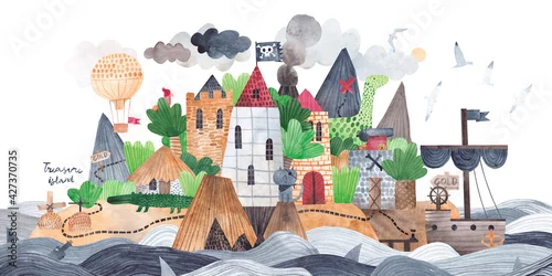 Obraz Fort piratów na tropikalnej wyspie. Wyspa Skarbów. Statek piracki, wyspa i twierdza.