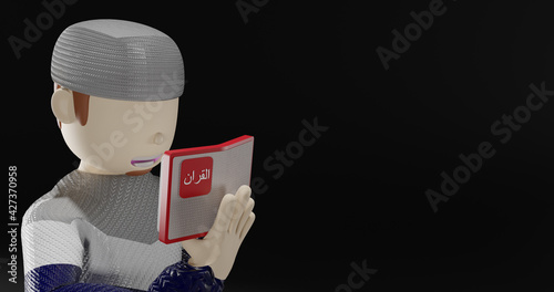 3D illustration of a smile pose Muslim reading  القران (translate in english is quran, the holy book of moslem) on a black background