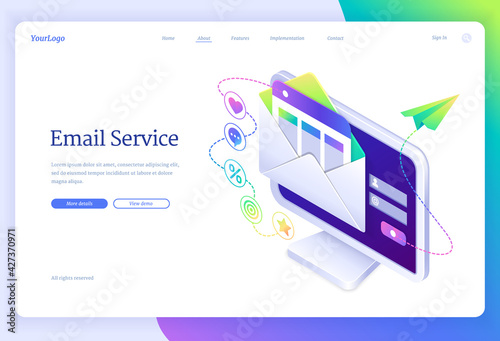 Email service isometric landing page with letter envelope on computer desktop. Electronic messages as part of business marketing. Webmail newsletter sending or receiving concept, 3d vector web banner