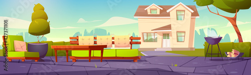 House backyard, patio with sofa, table and cooking grill for bbq. Suburban cottage with green lawn, trees and garden fence. Vector cartoon summer landscape with home exterior and back yard
