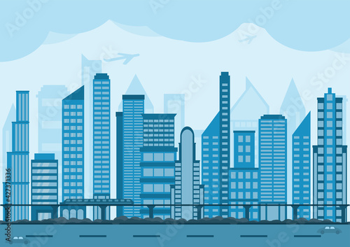 Cityscape flat smart city enviroment background vector. Blue color theme with  big skyscraper building. Roadway sky train tree line and architechture shadow vector. 