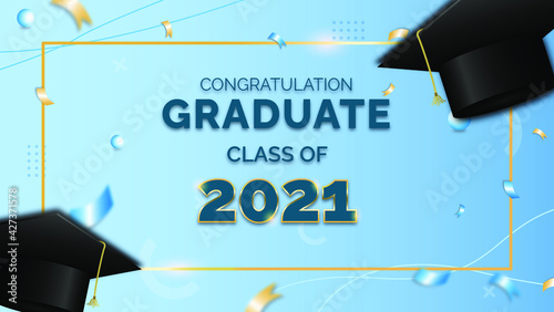 graduation for class of 2021 with cap hat and paper confetti Free Vector