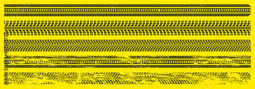 Black car tire tracks, rubber wheel print on road or dirt. Grunge trace from truck, motorcycle or vehicle tires. Vector graphic set of tread marks isolated on yellow background