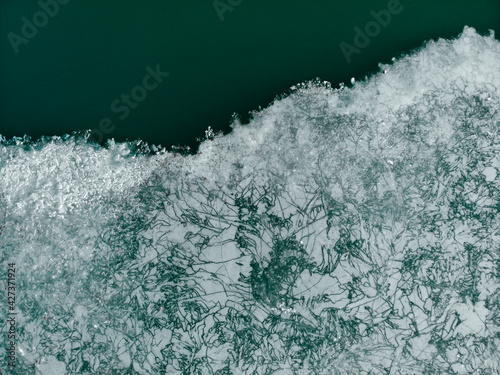 view over the frozen lake made by dji camera
