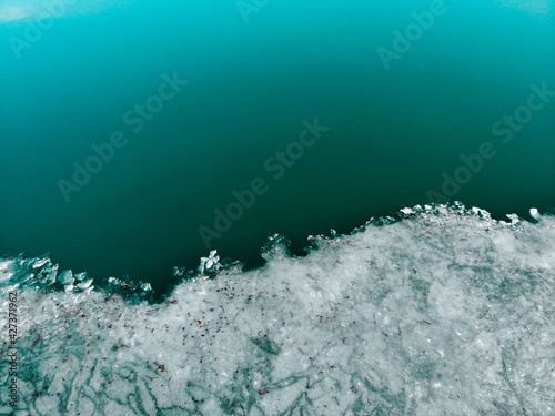 view over the frozen lake made by dji camera