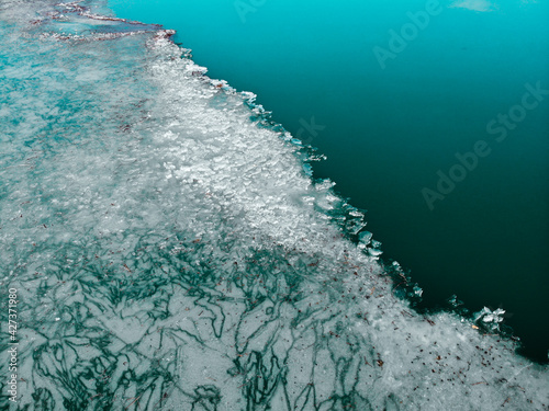 view over the frozen lake made by dji camera
