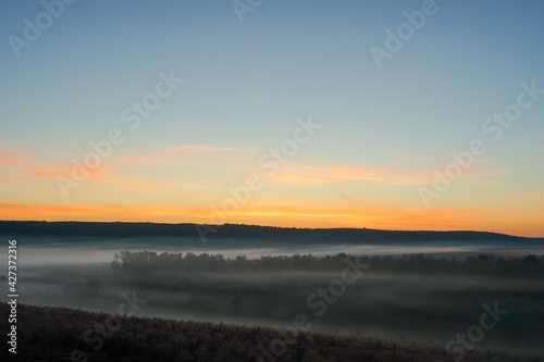 Sunrise over a field of grain on a foggy spring day. Rural landscape  countryside at dawn. Landscape.