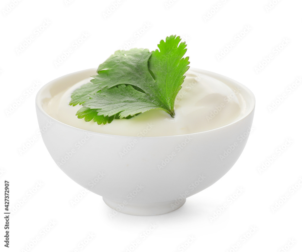 Bowl of tasty sour cream on white background Bowl of tasty sour cream on white background