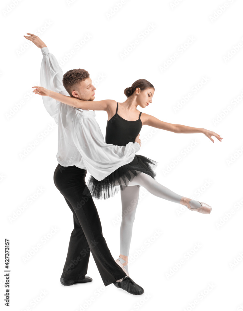 Young ballet dancers on white background