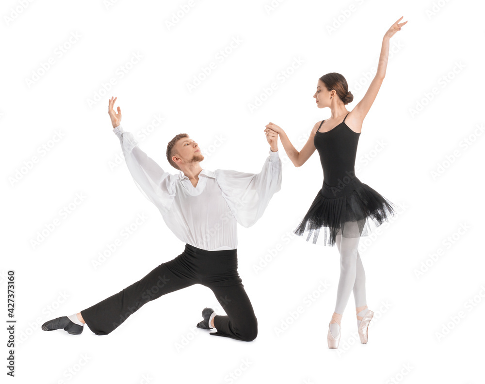 Young ballet dancers on white background