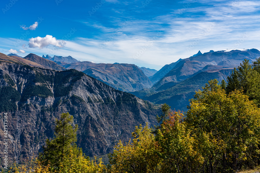 Landscape view of the mountains around Le Bourg d'Oisans in France