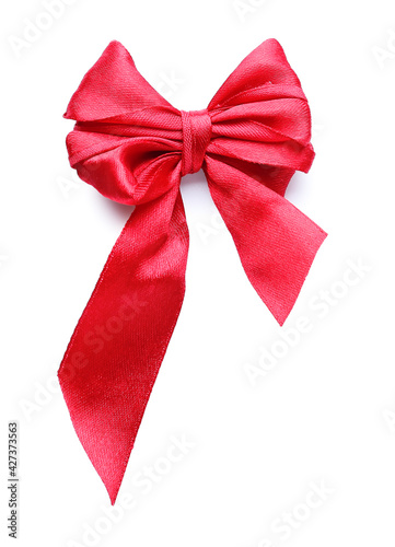 Beautiful red ribbon with bow on white background