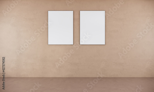 Blank picture frame mock up in beige color room interior, 3d rendering	