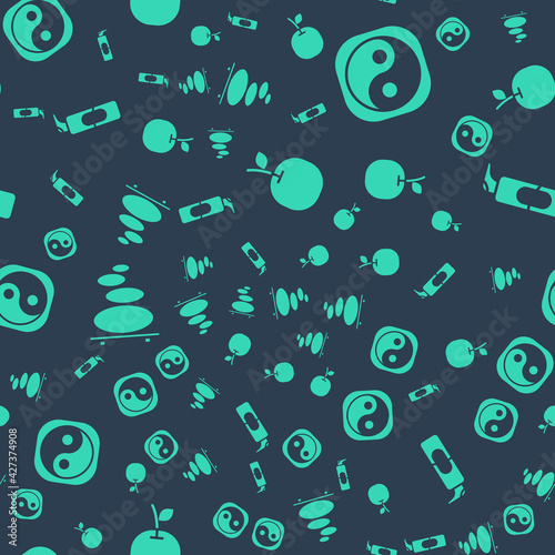 Set Apple, Yin Yang, Stack hot stones and Spray can for hairspray on seamless pattern. Vector