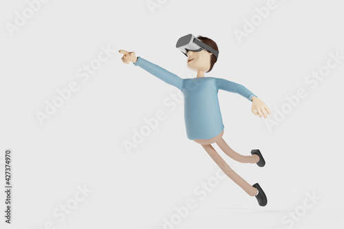 A man wearing virtual reality glasses flying in the air and pointing at something. 3D Rendering.