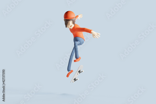 Joyful teen skateboarder boy in a dynamic skateboarding pose. 3D rendering.