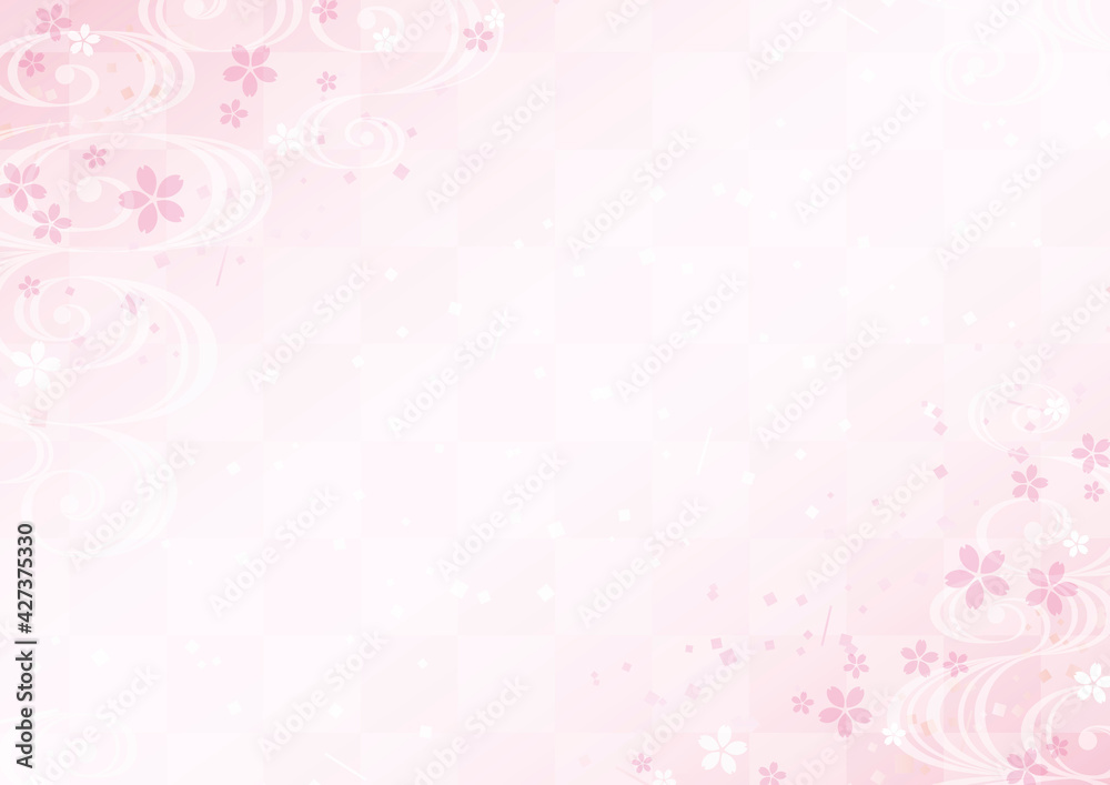流水紋と桜のピンクの和柄背景