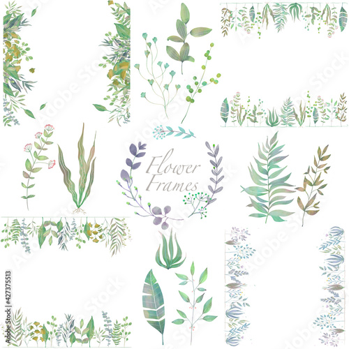 優しい色使いの北欧風オシャレな植物の白バックフレームセットイラスト素材