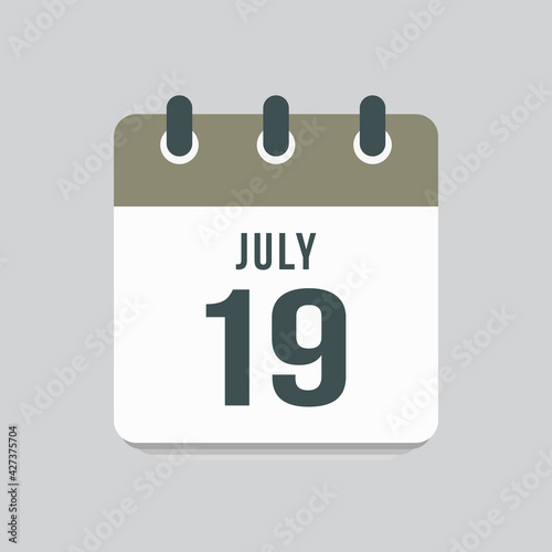 Icon day date 19 July, template calendar page