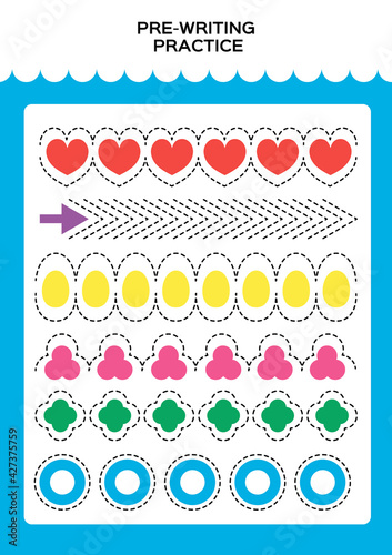 Shapes. Tracing practice for kids. Pre-writing worksheet for little children. Prescool or kindergarten super handwriting practice. Fine motor skills. Lets trace dashed lines. Activity Game. Blue.
