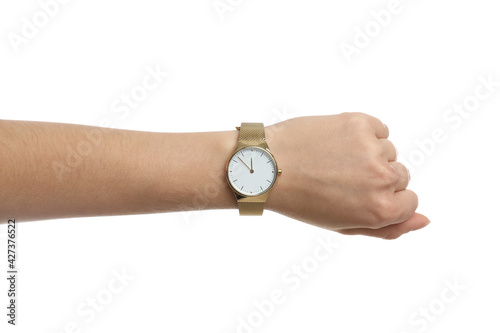 Woman wearing luxury wristwatch on white background, closeup
