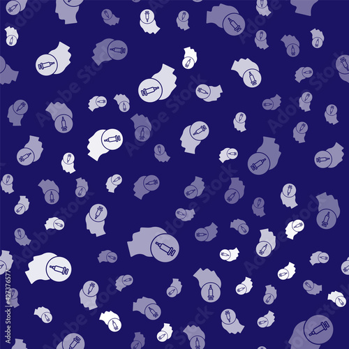 White Addiction to the drug icon isolated seamless pattern on blue background. Heroin, narcotic, addiction, illegal. Sick junkie with a syringe and medical pills. Vector
