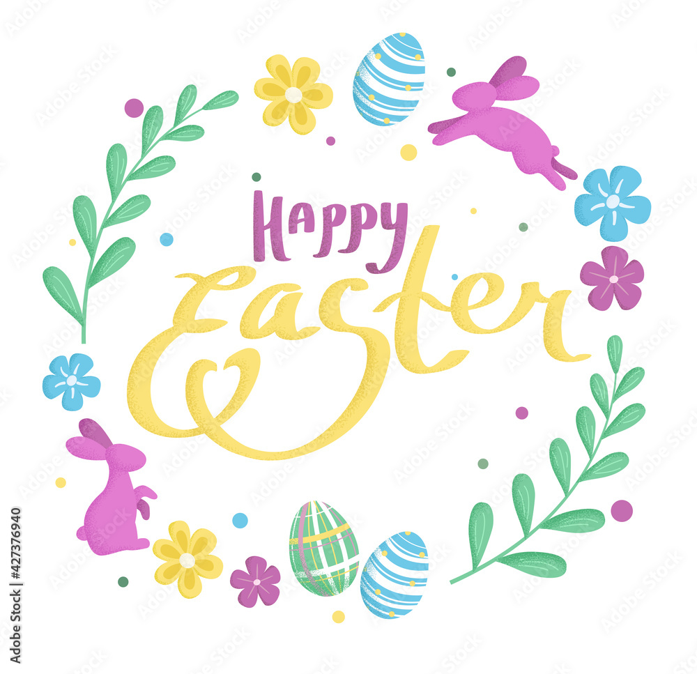 Circular composition with Easter attributes. Floral plant circular composition. Easter bunnies and decorated eggs. Vector illustration on the theme of the Easter holiday.