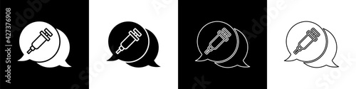 Set Addiction to the drug icon isolated on black and white background. Heroin, narcotic, addiction, illegal. Sick junkie with a syringe and medical pills. Vector