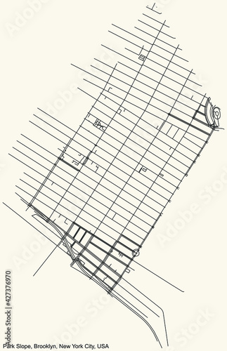 Black simple detailed street roads map on vintage beige background of the quarter Park Slope neighborhood of the Brooklyn borough of New York City, USA