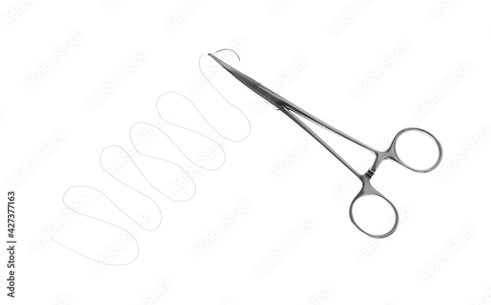 Forceps with suture thread on white background, top view. Medical equipment Forceps with suture thread on white background, top view. Medical equipment