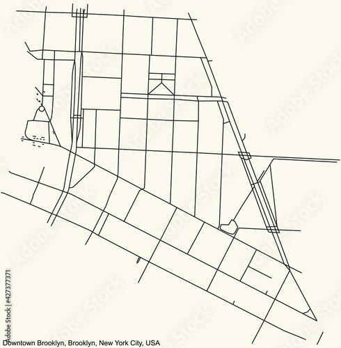 Black simple detailed street roads map on vintage beige background of the quarter Downtown Brooklyn neighborhood of the Brooklyn borough of New York City, USA