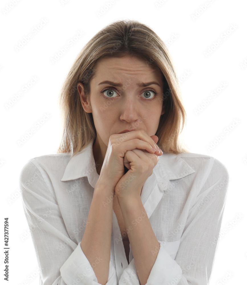 Young woman feeling fear on white background Young woman feeling fear on white background